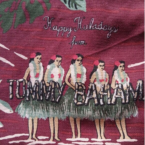 Vntg TOMMY BAHAMA Hawaiian CHRISTMAS Shirt -Hula Poinsettias Santa Hats - Picture 1 of 8
